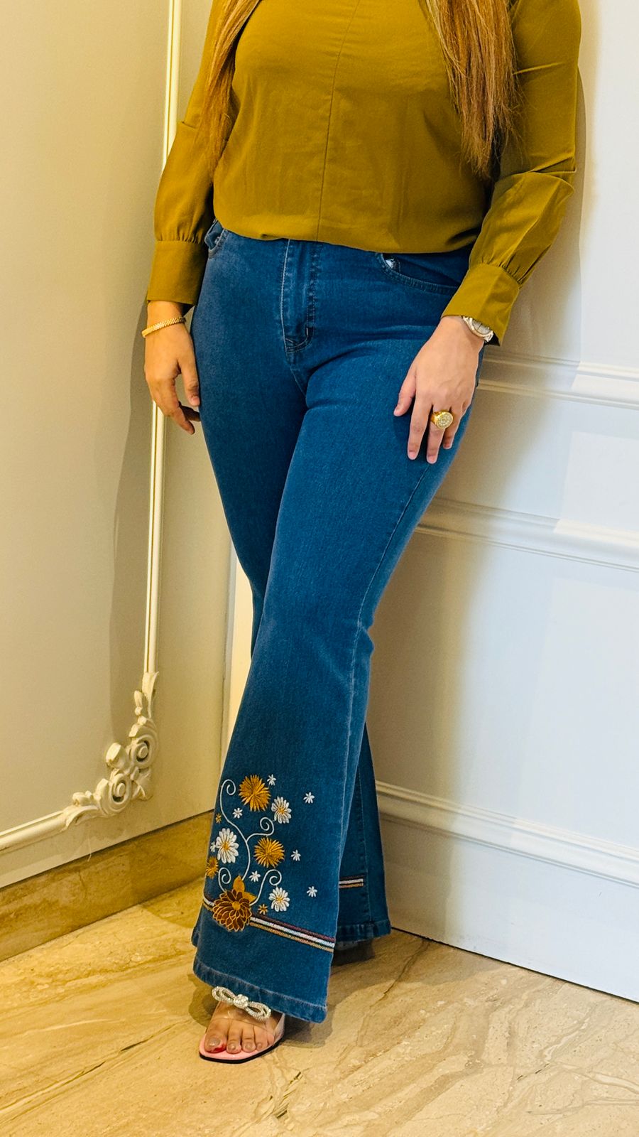 Embroidered Flare Denim Blue, Navy